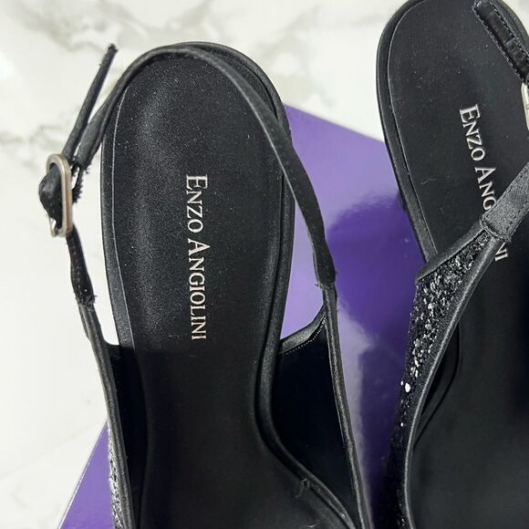 Enzo Angiolini Hitch X3 Black Sequin Shiny Satin Ankle Buckle Peep Toe Heels - Picture 11 of 16